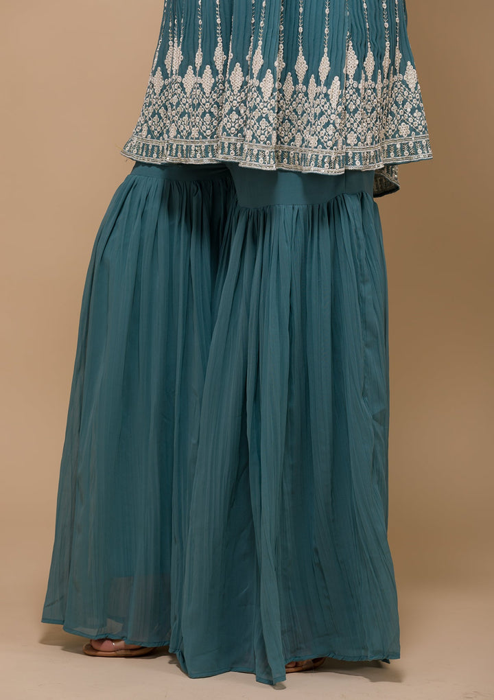 Sea Green Threadwork Georgette Readymade Salwar Kameez-Koskii