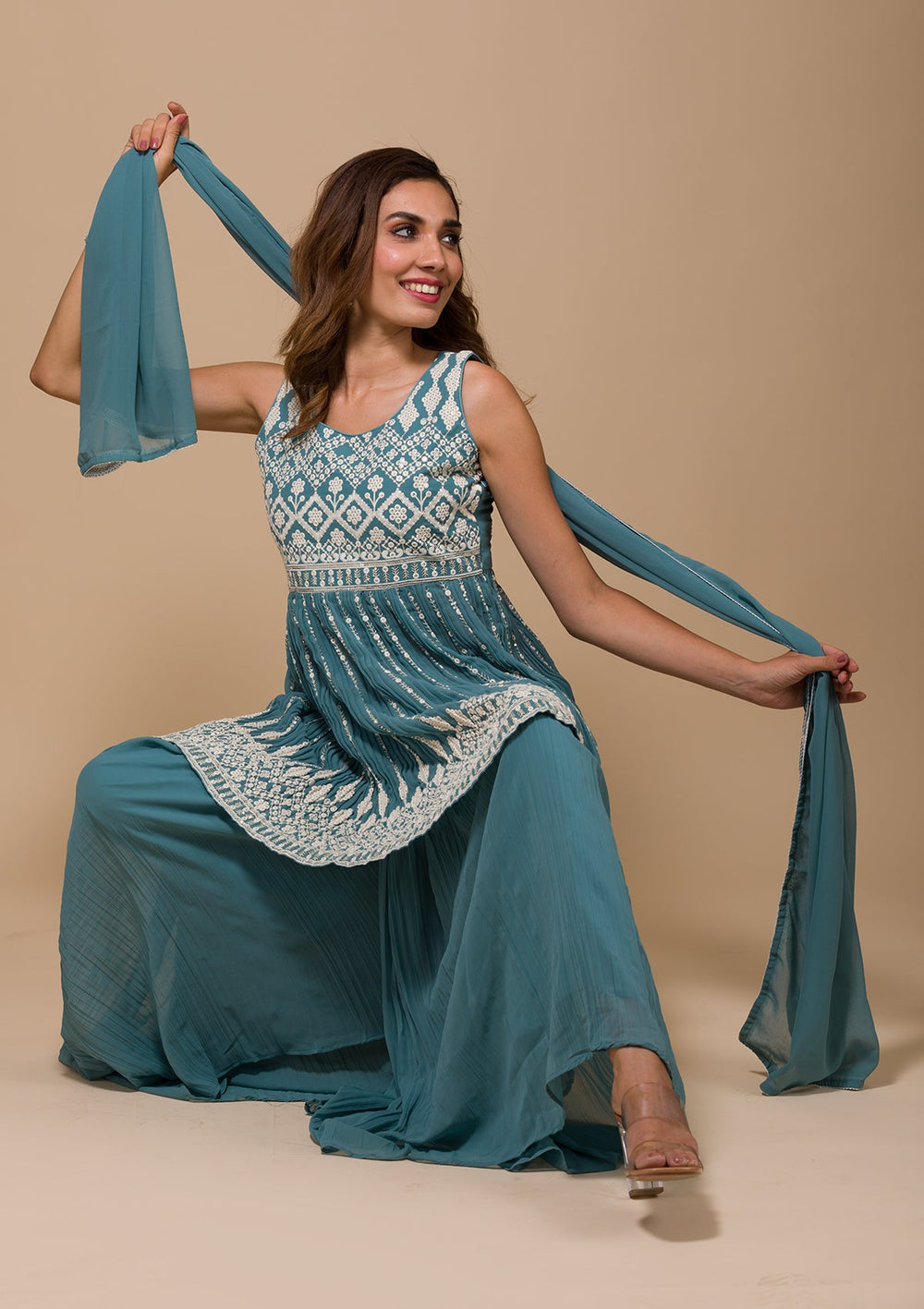 Sea Green Threadwork Georgette Readymade Salwar Kameez-Koskii
