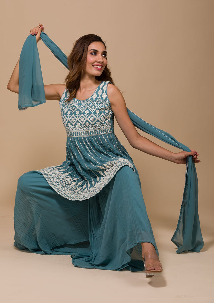 Sea Green Threadwork Georgette Readymade Salwar Kameez-Koskii