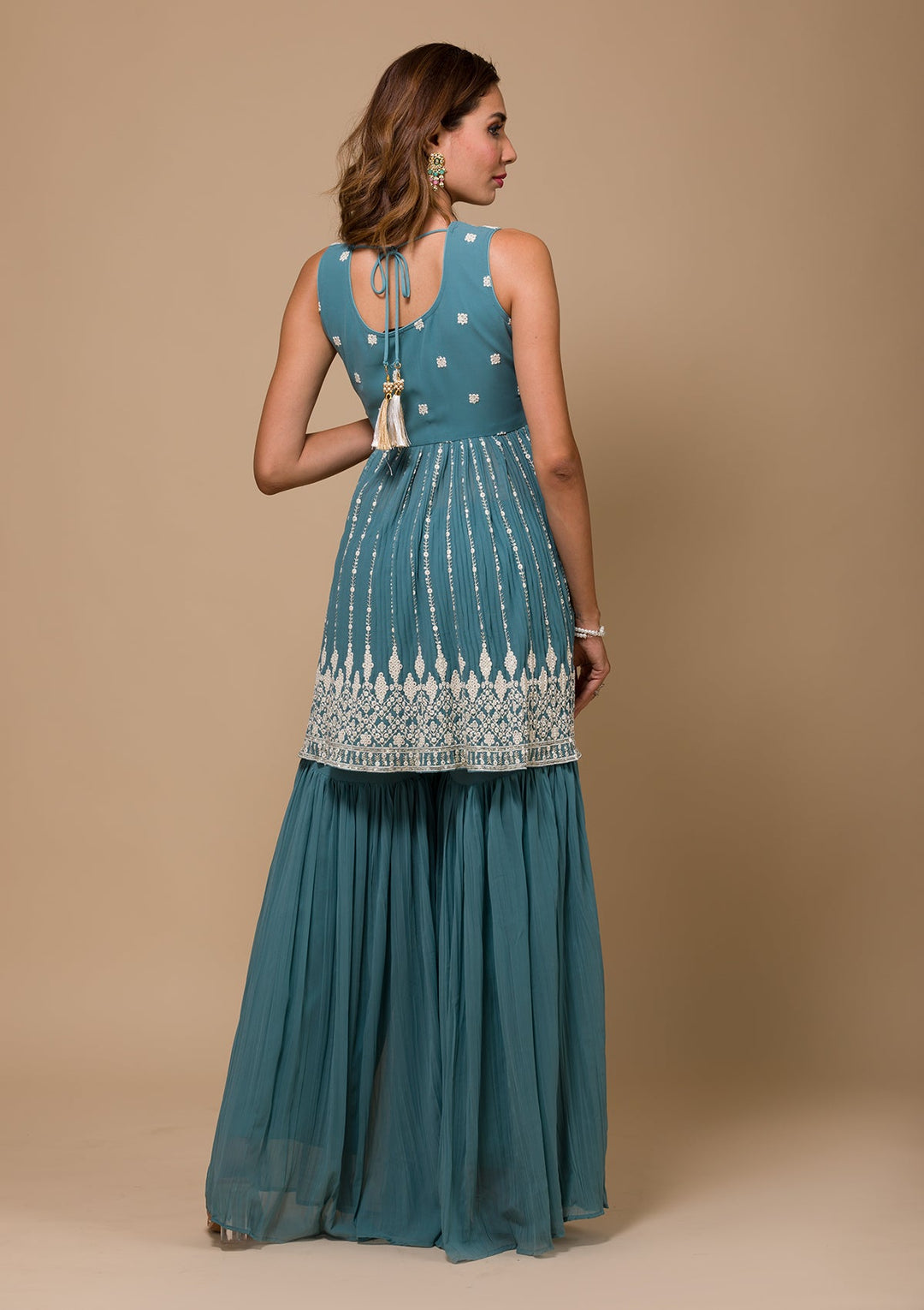 Sea Green Threadwork Georgette Readymade Salwar Kameez-Koskii