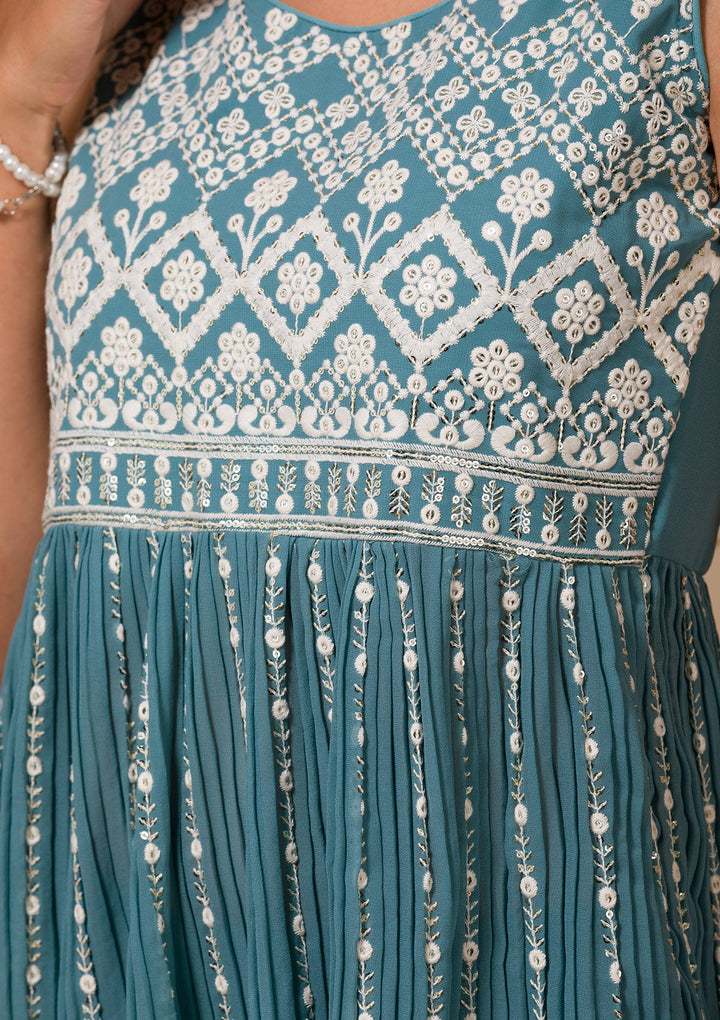 Sea Green Threadwork Georgette Readymade Salwar Kameez-Koskii