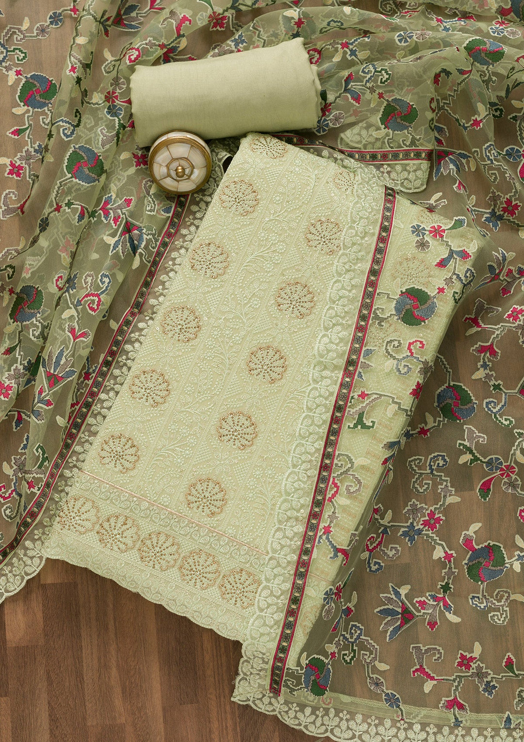Sea Green Threadwork Georgette Unstitched Salwar Kameez-Koskii