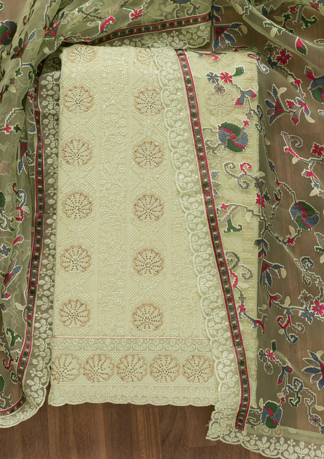 Sea Green Threadwork Georgette Unstitched Salwar Kameez-Koskii