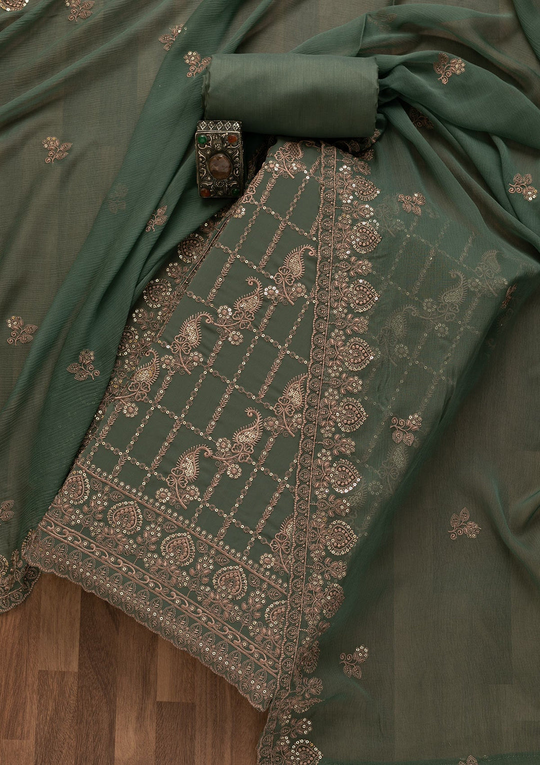 Sea Green Threadwork Georgette Unstitched Salwar Kameez-Koskii