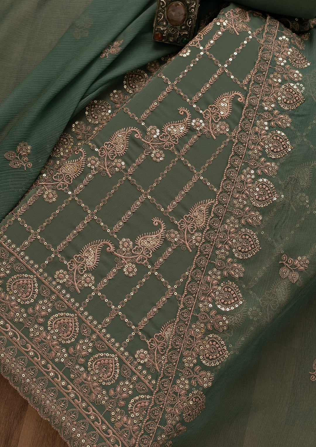 Sea Green Threadwork Georgette Unstitched Salwar Kameez-Koskii