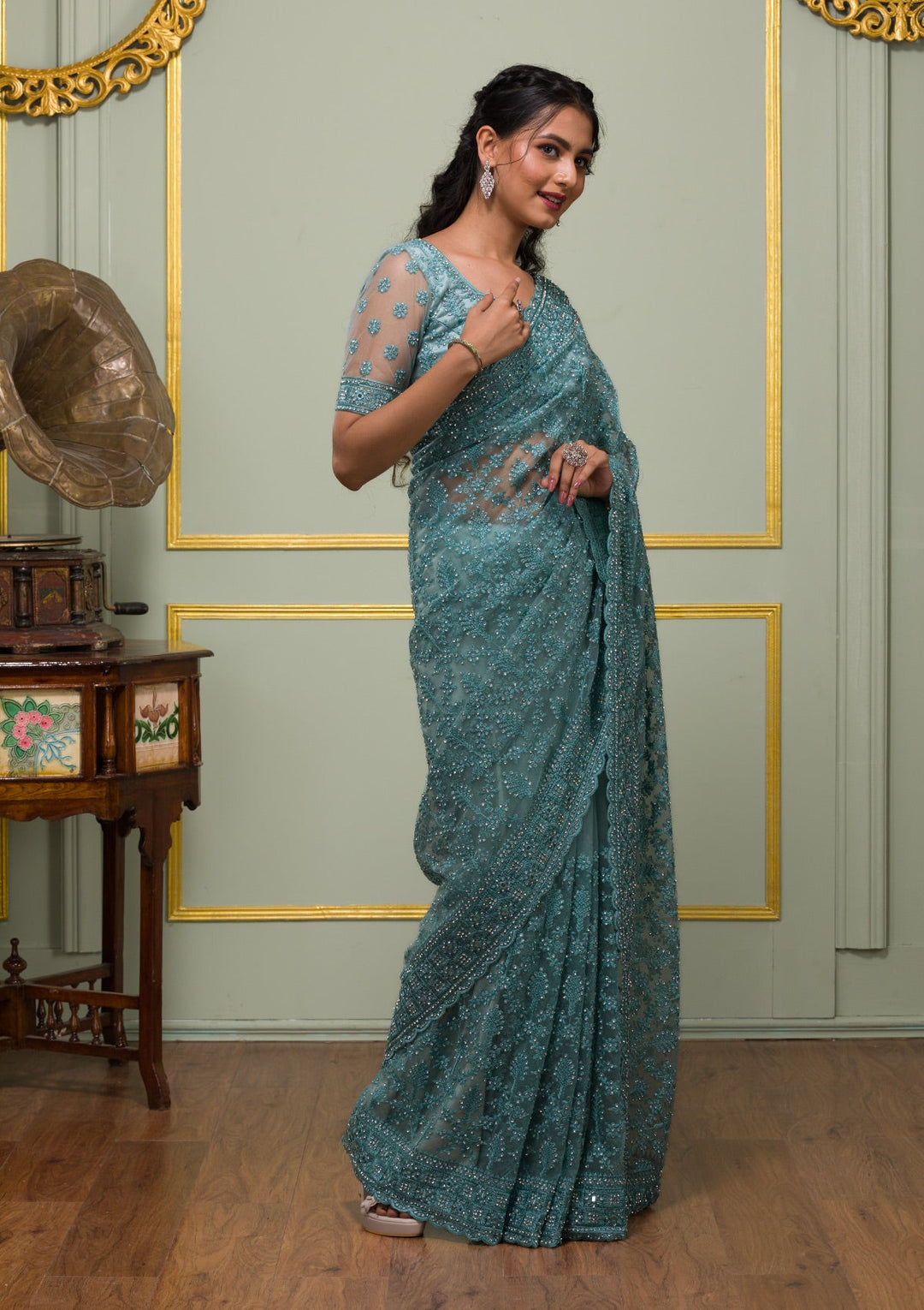 Sea Green Threadwork Net Saree-Koskii