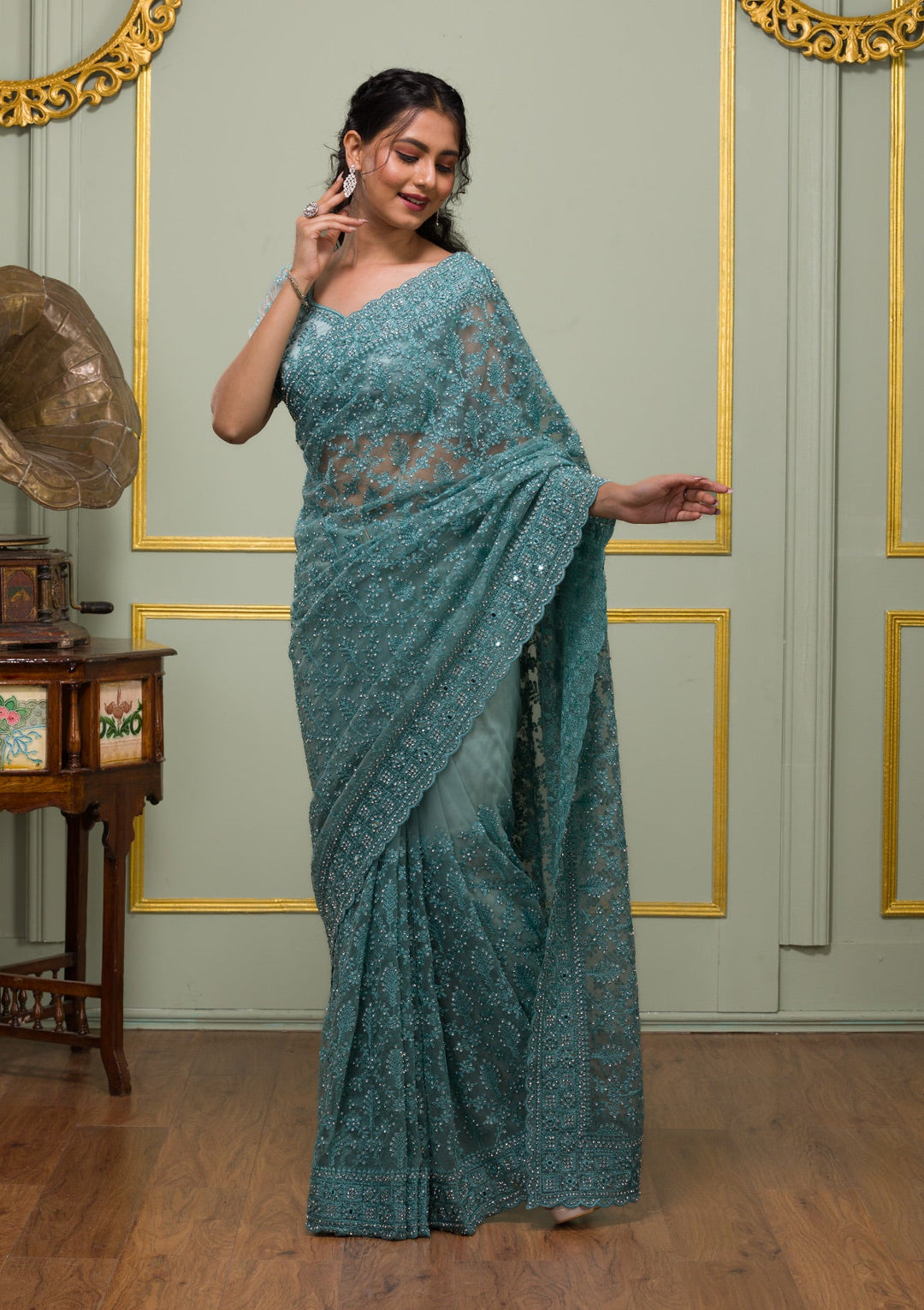 Sea Green Threadwork Net Saree-Koskii