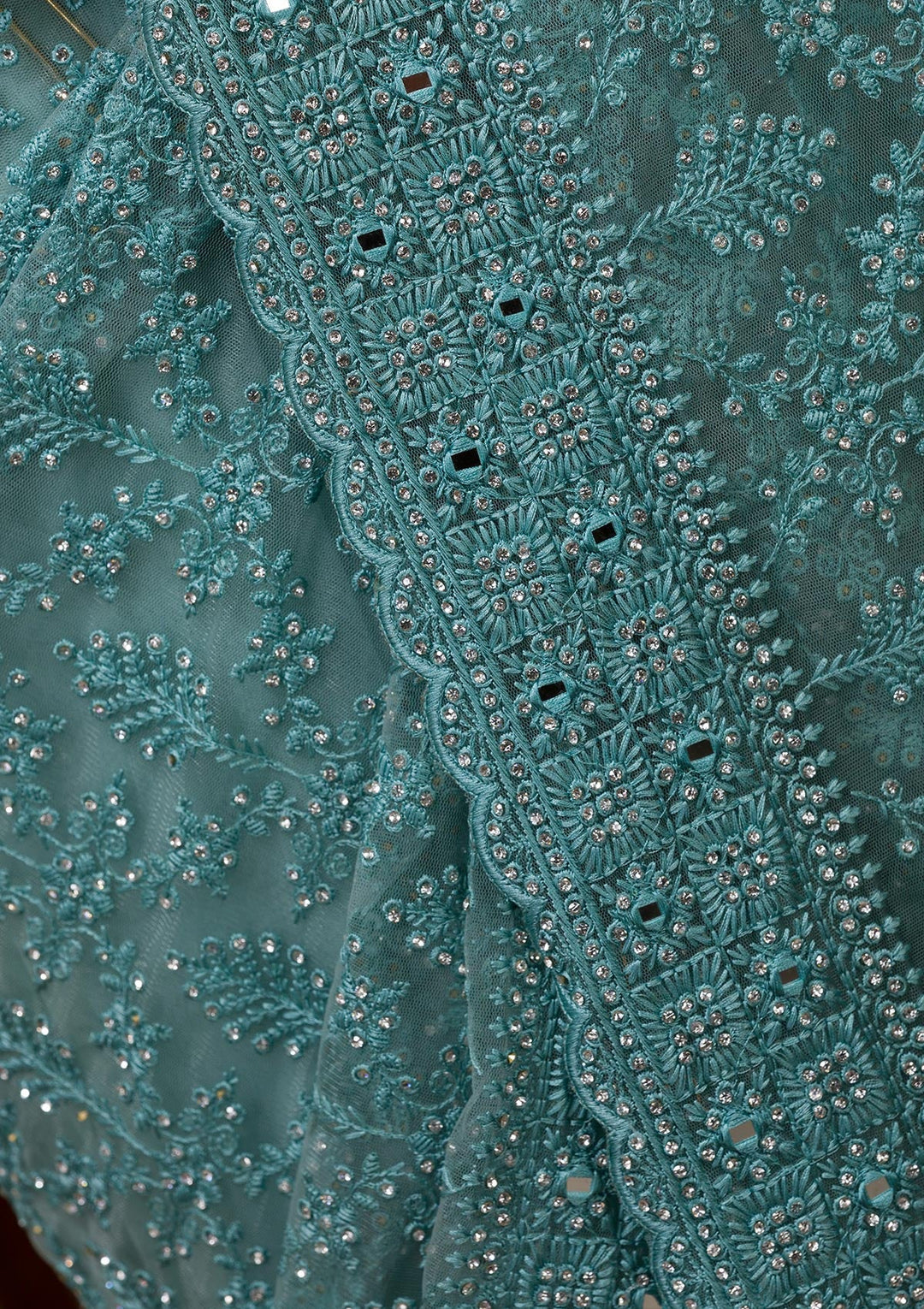 Sea Green Threadwork Net Saree-Koskii