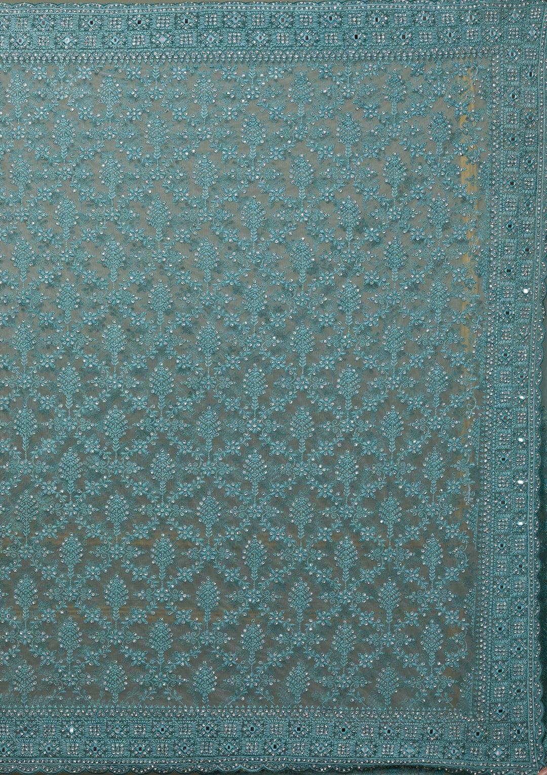 Sea Green Threadwork Net Saree-Koskii
