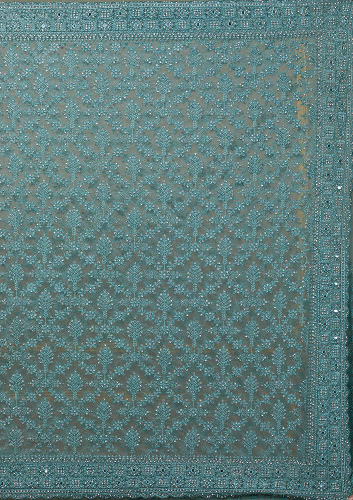 Sea Green Threadwork Net Saree-Koskii