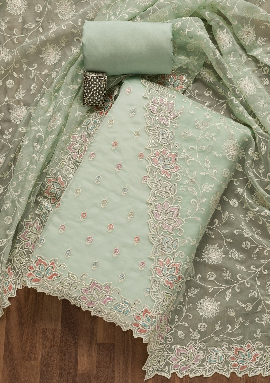 Sea Green Threadwork Organza Unstitched Salwar Kameez-Koskii