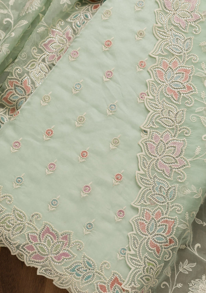 Sea Green Threadwork Organza Unstitched Salwar Kameez-Koskii