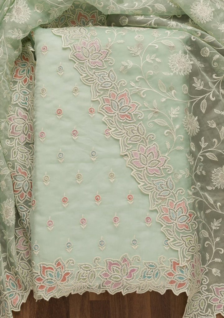 Sea Green Threadwork Organza Unstitched Salwar Kameez-Koskii
