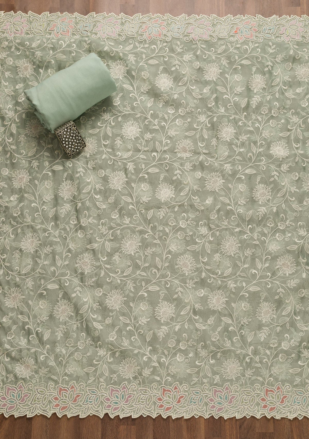 Sea Green Threadwork Organza Unstitched Salwar Kameez-Koskii