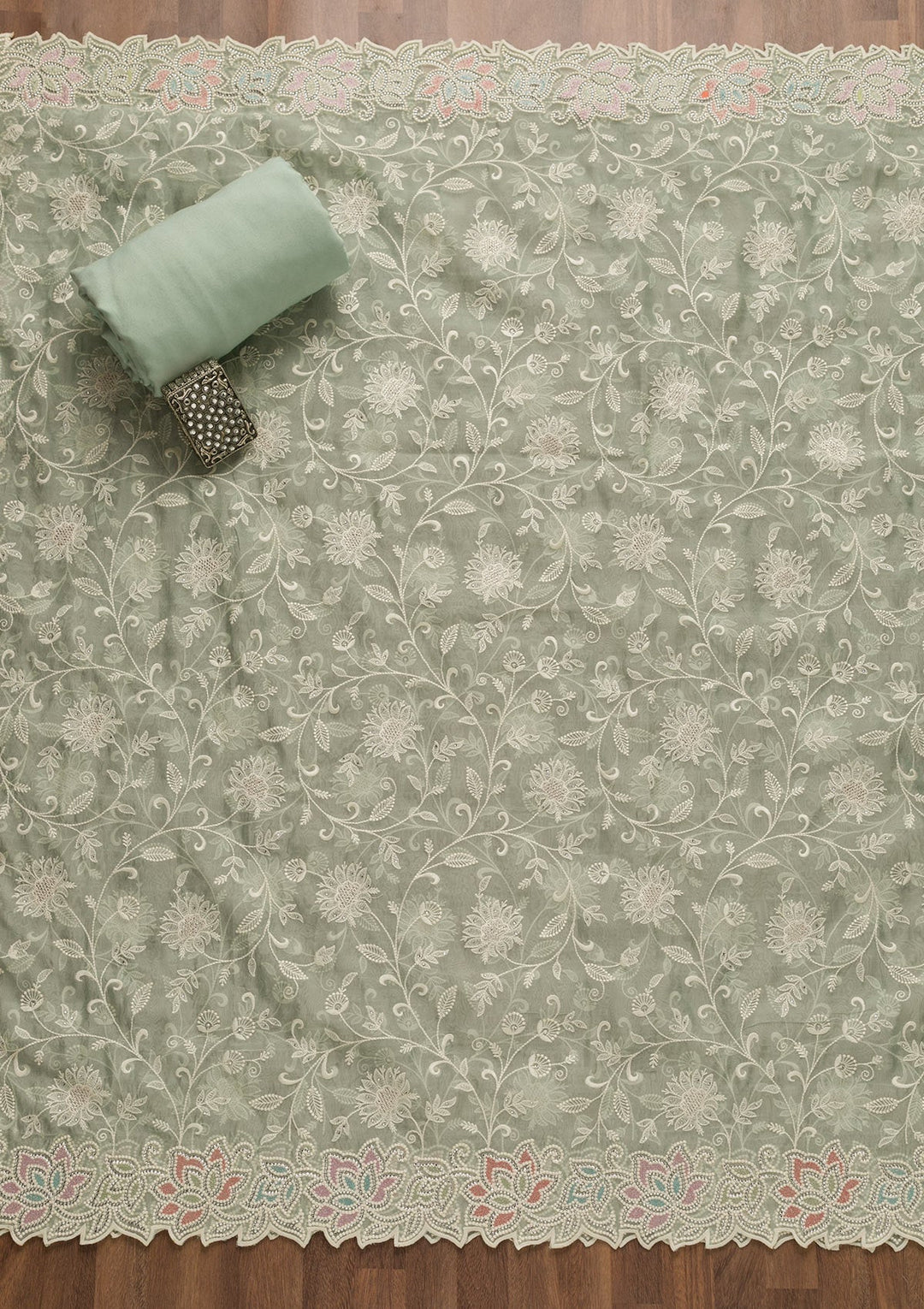 Sea Green Threadwork Organza Unstitched Salwar Kameez-Koskii