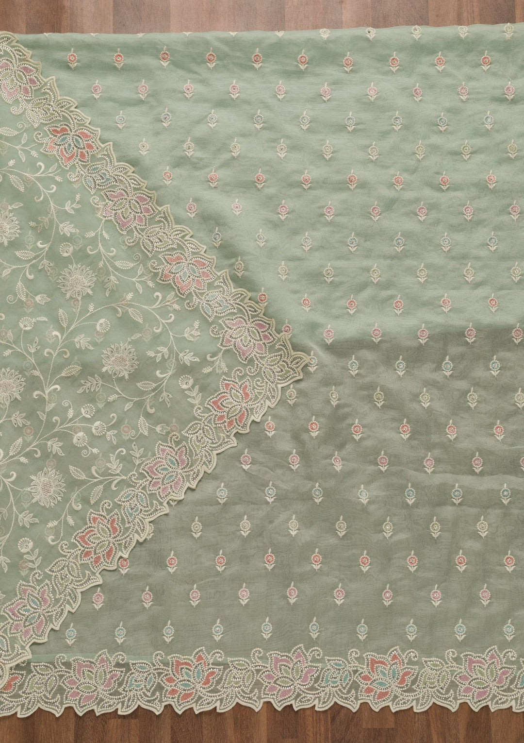 Sea Green Threadwork Organza Unstitched Salwar Kameez-Koskii