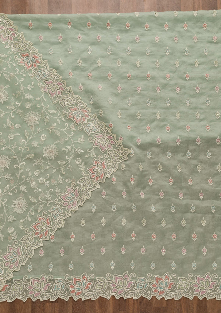 Sea Green Threadwork Organza Unstitched Salwar Kameez-Koskii