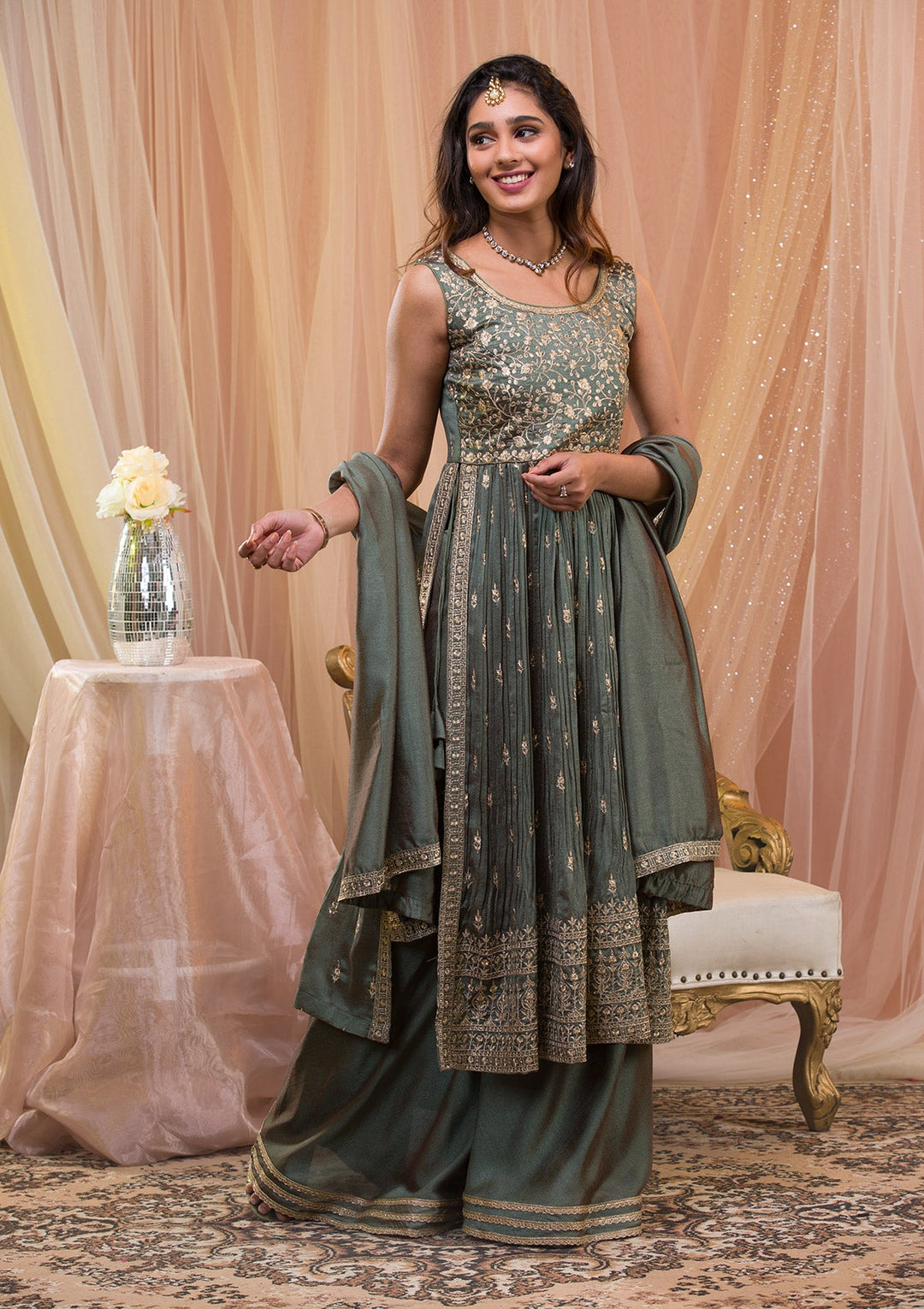 Sea Green Zariwork Art Silk Readymade Salwar Kameez-Koskii