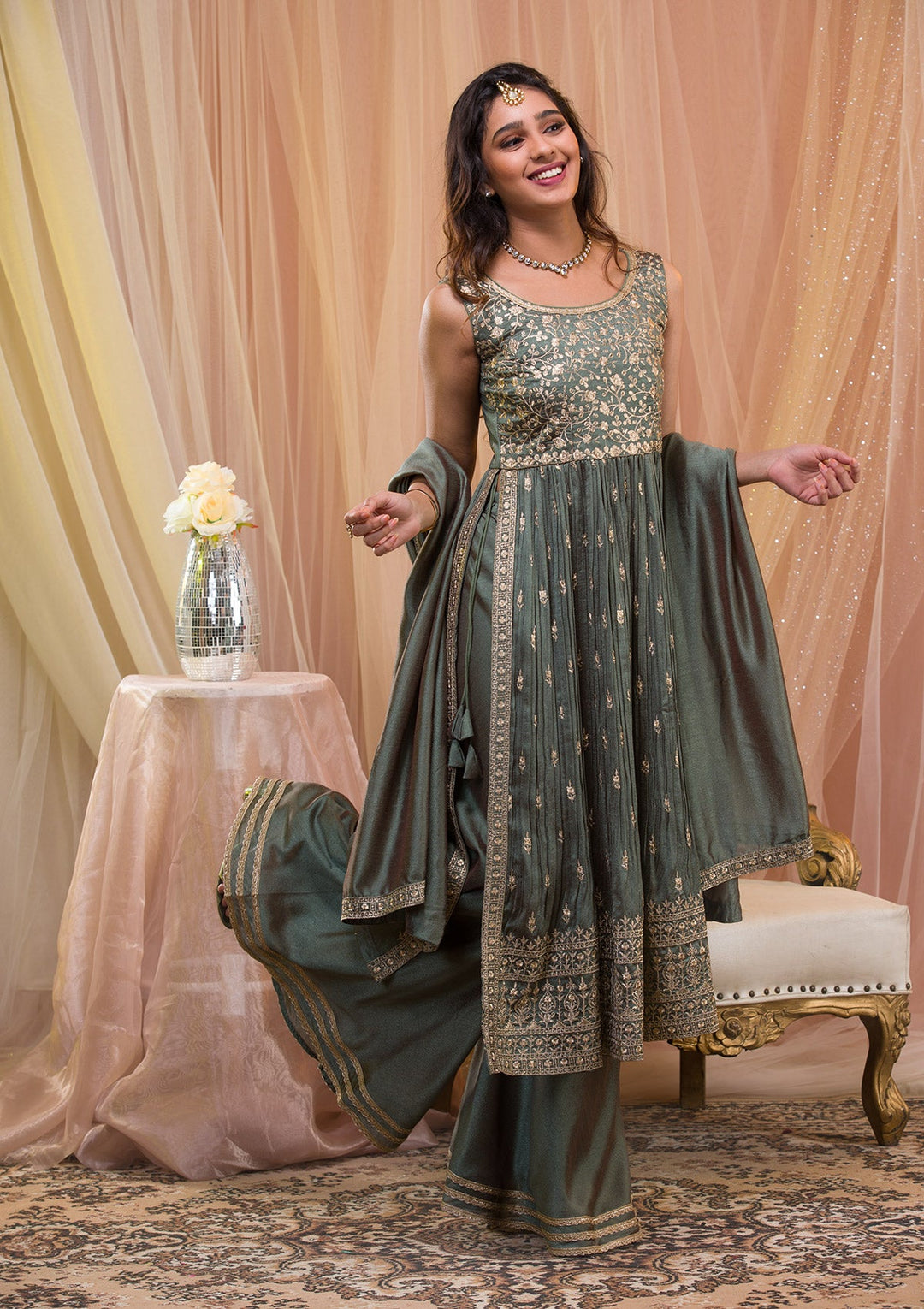 Sea Green Zariwork Art Silk Readymade Salwar Kameez-Koskii