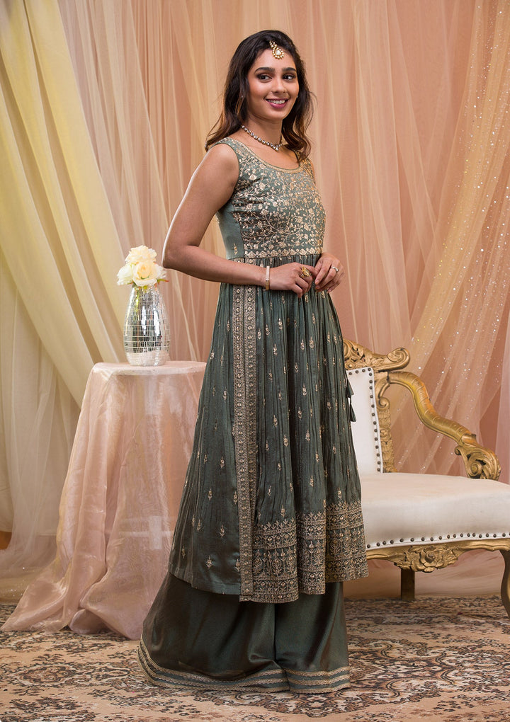 Sea Green Zariwork Art Silk Readymade Salwar Kameez-Koskii