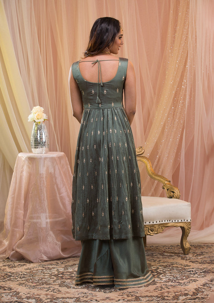 Sea Green Zariwork Art Silk Readymade Salwar Kameez-Koskii