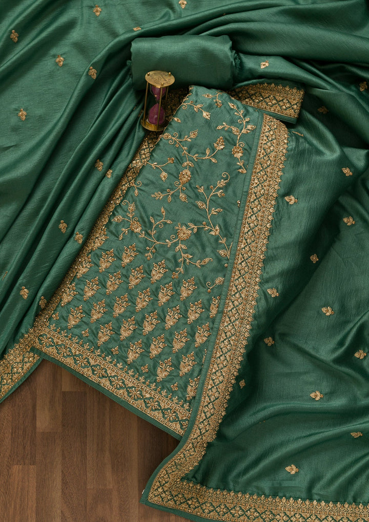 Sea Green Zariwork Art Silk Unstitched Salwar Kameez-Koskii