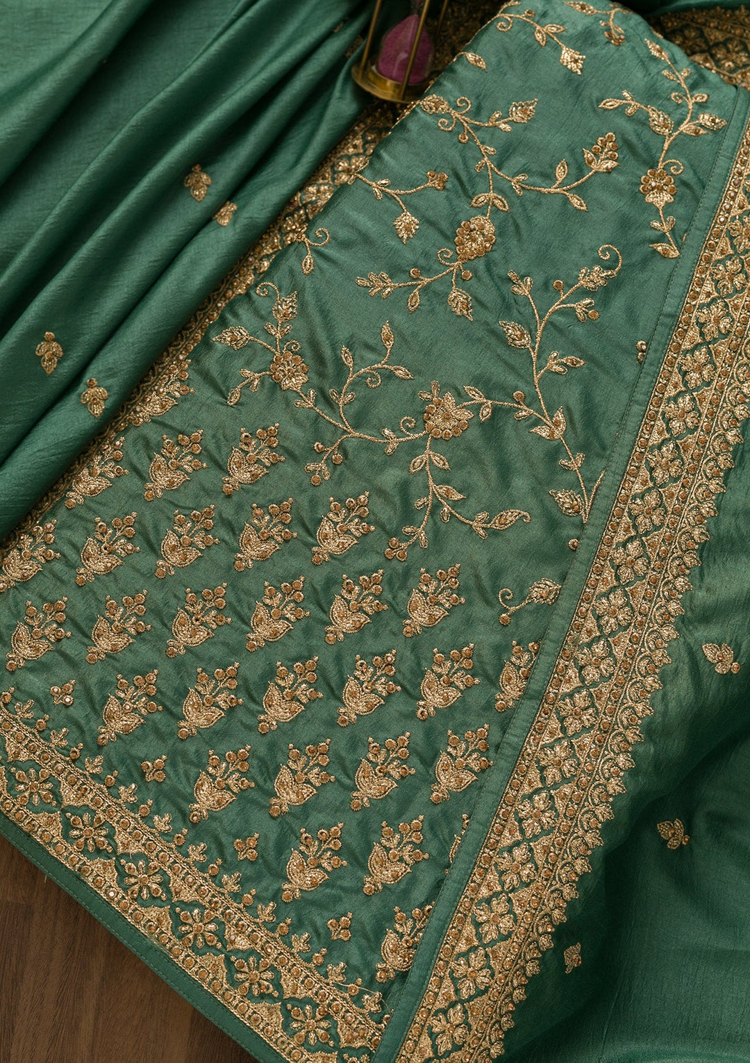 Sea Green Zariwork Art Silk Unstitched Salwar Kameez-Koskii
