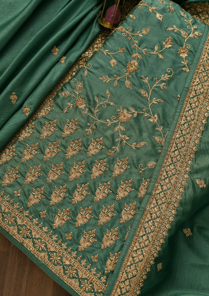 Sea Green Zariwork Art Silk Unstitched Salwar Kameez-Koskii