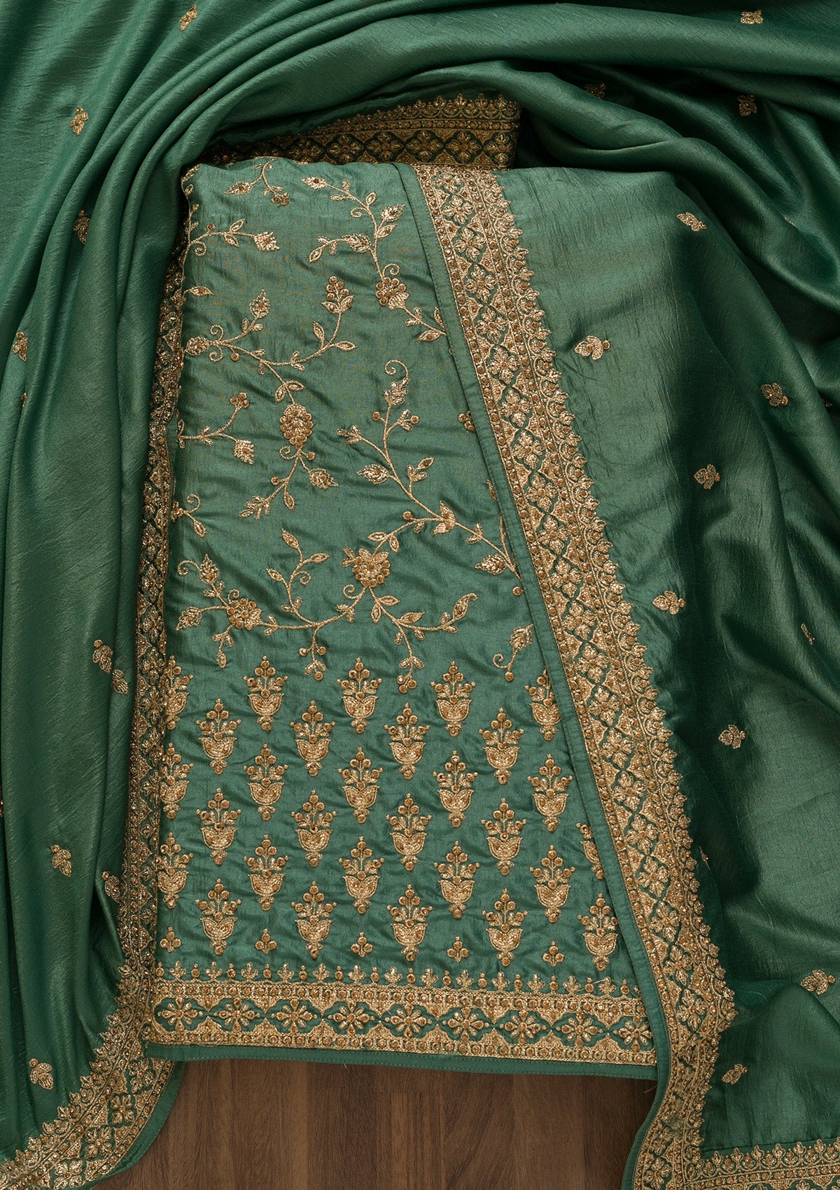 Sea Green Zariwork Art Silk Unstitched Salwar Kameez-Koskii
