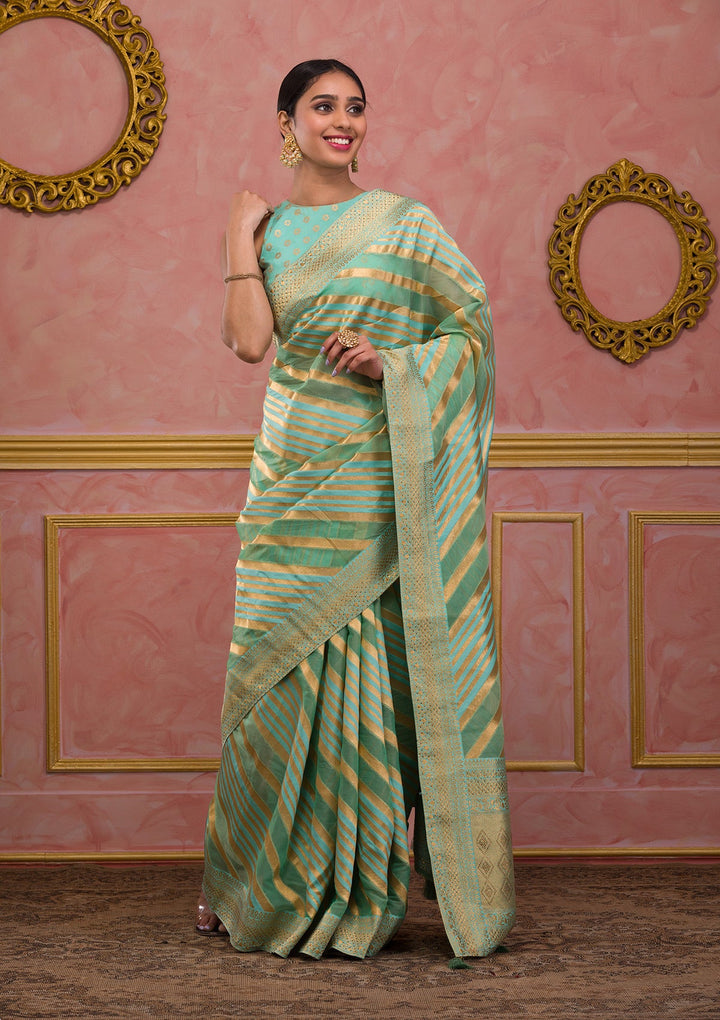 Sea Green Zariwork Banarasi Silk Saree-Koskii