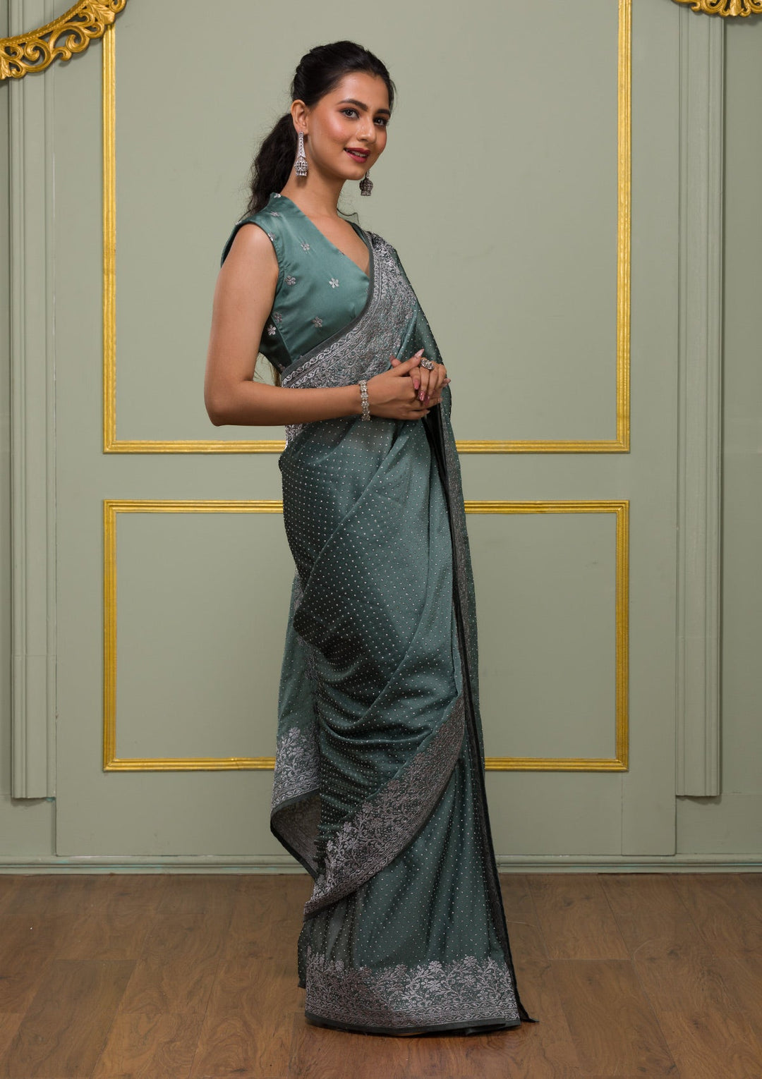 Sea Green Zariwork Crepe Saree-Koskii