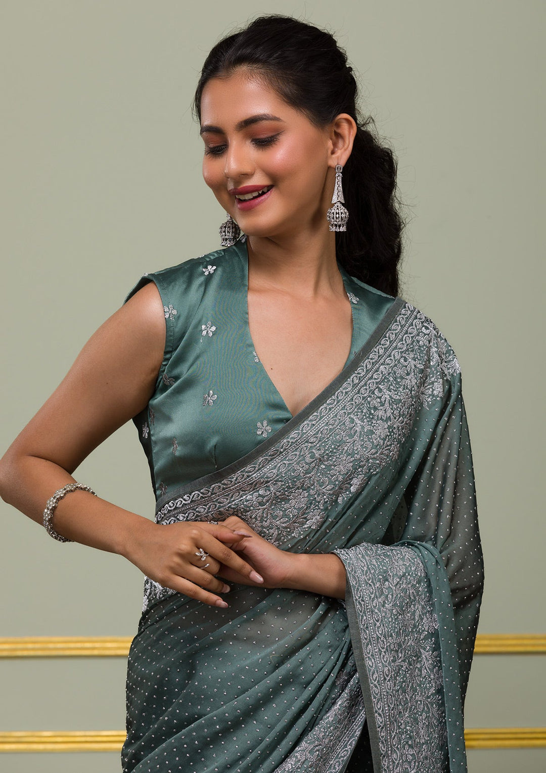 Sea Green Zariwork Crepe Saree-Koskii