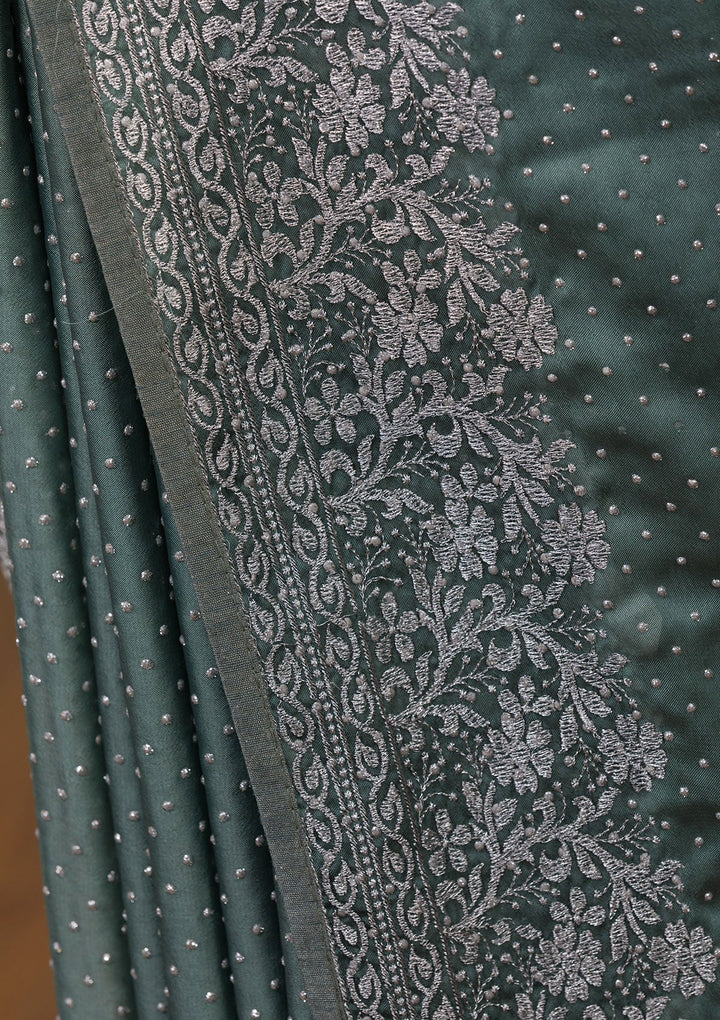 Sea Green Zariwork Crepe Saree-Koskii