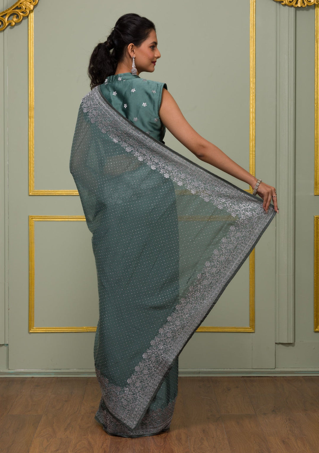 Sea Green Zariwork Crepe Saree-Koskii