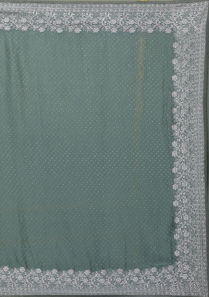 Sea Green Zariwork Crepe Saree-Koskii