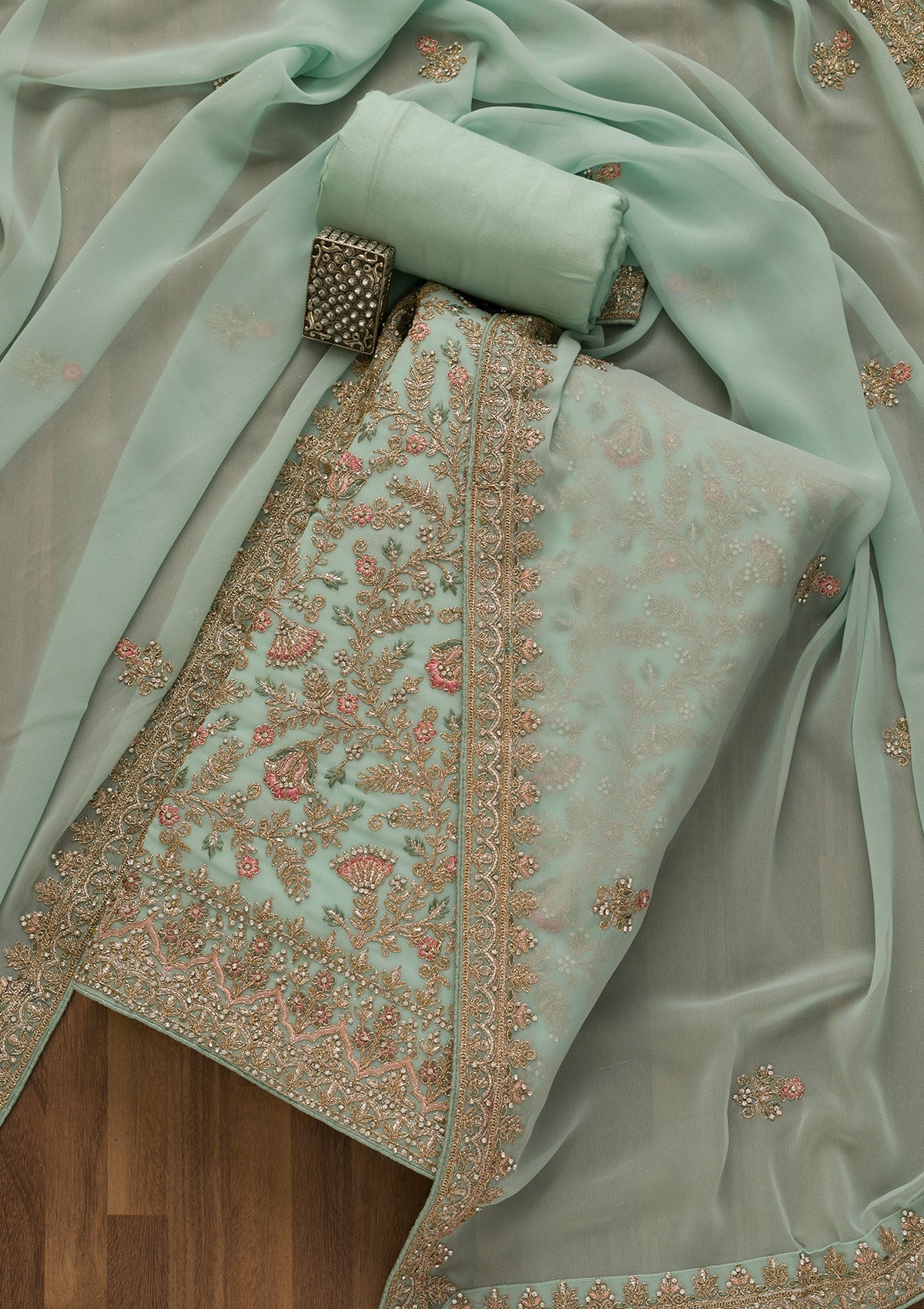 Sea Green Zariwork Georgette Unstitched Salwar Kameez-Koskii