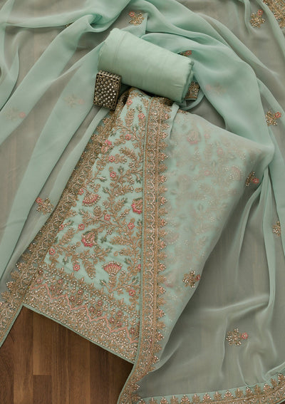 Sea Green Zariwork Georgette Unstitched Salwar Kameez-Koskii