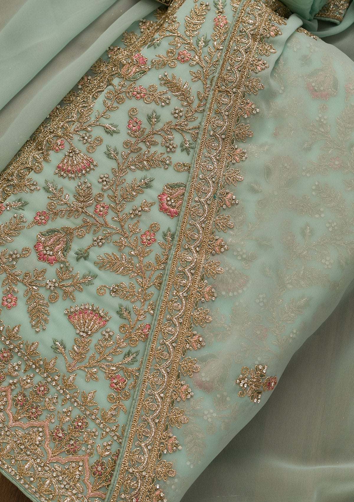 Sea Green Zariwork Georgette Unstitched Salwar Kameez-Koskii