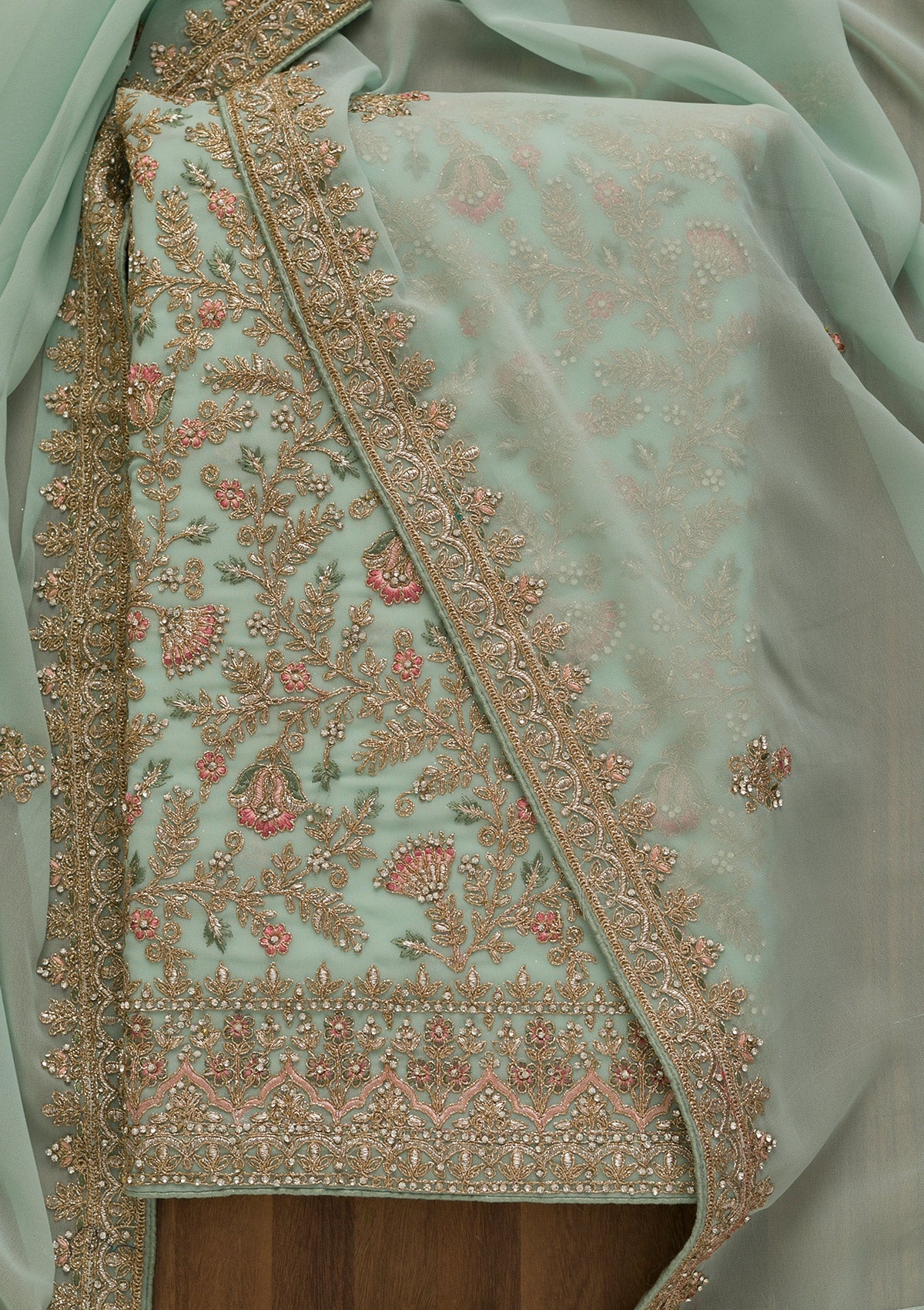 Sea Green Zariwork Georgette Unstitched Salwar Kameez-Koskii