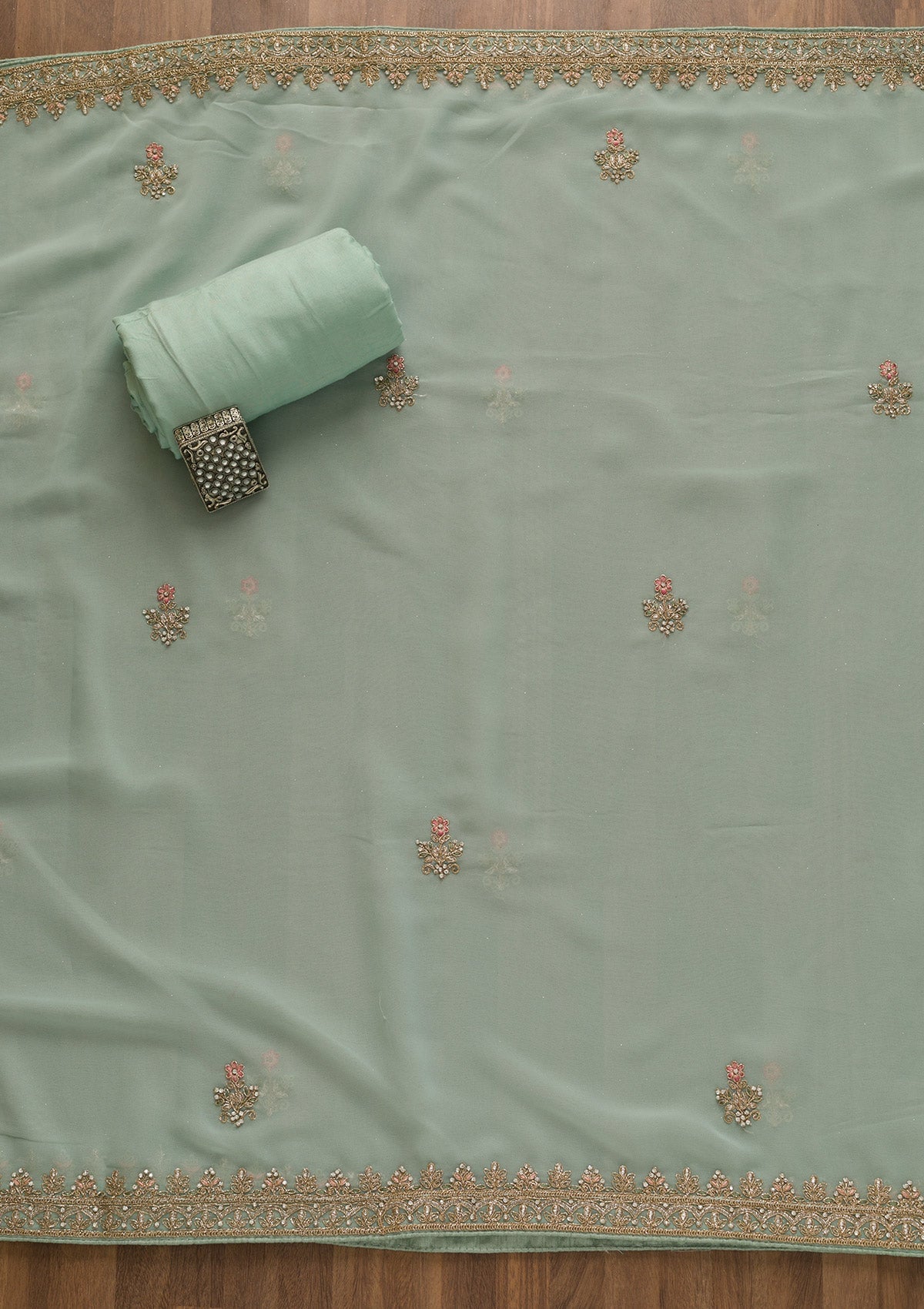 Sea Green Zariwork Georgette Unstitched Salwar Kameez-Koskii