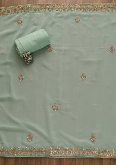 Sea Green Zariwork Georgette Unstitched Salwar Kameez-Koskii