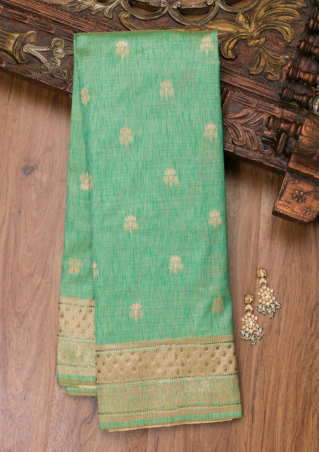 Sea Green Zariwork Raw Silk Saree-Koskii