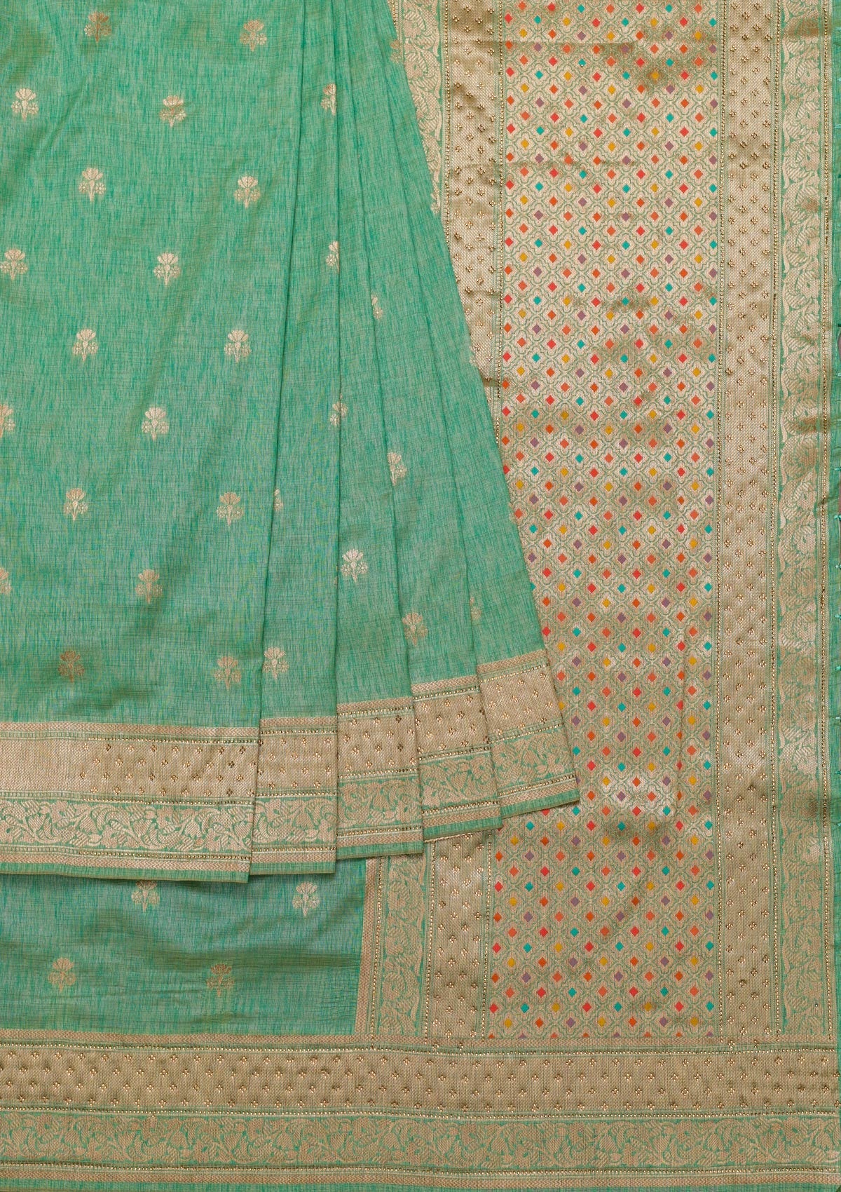 Sea Green Zariwork Raw Silk Saree-Koskii