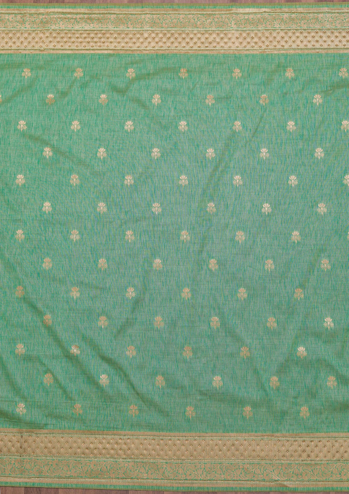 Sea Green Zariwork Raw Silk Saree-Koskii