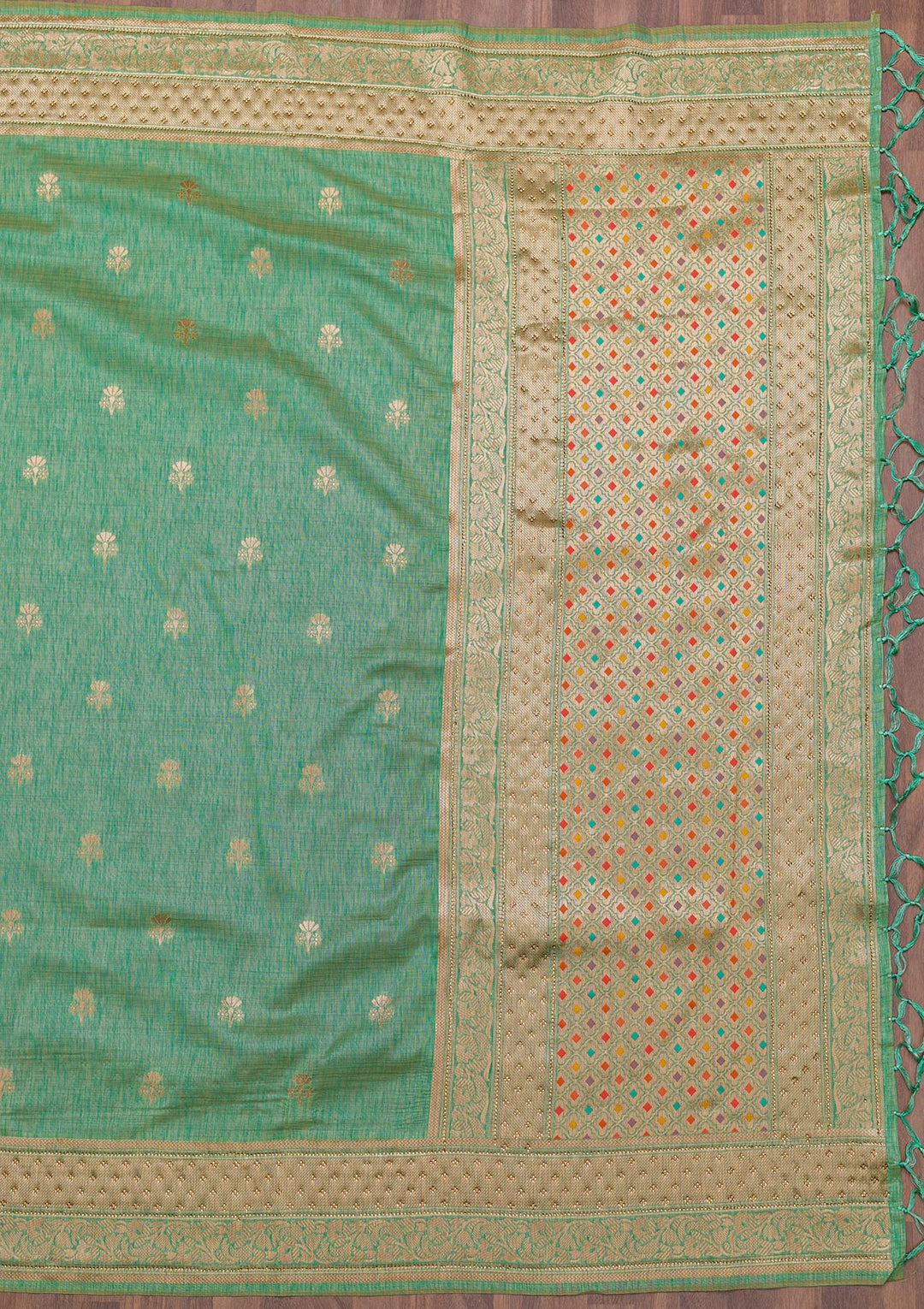 Sea Green Zariwork Raw Silk Saree-Koskii