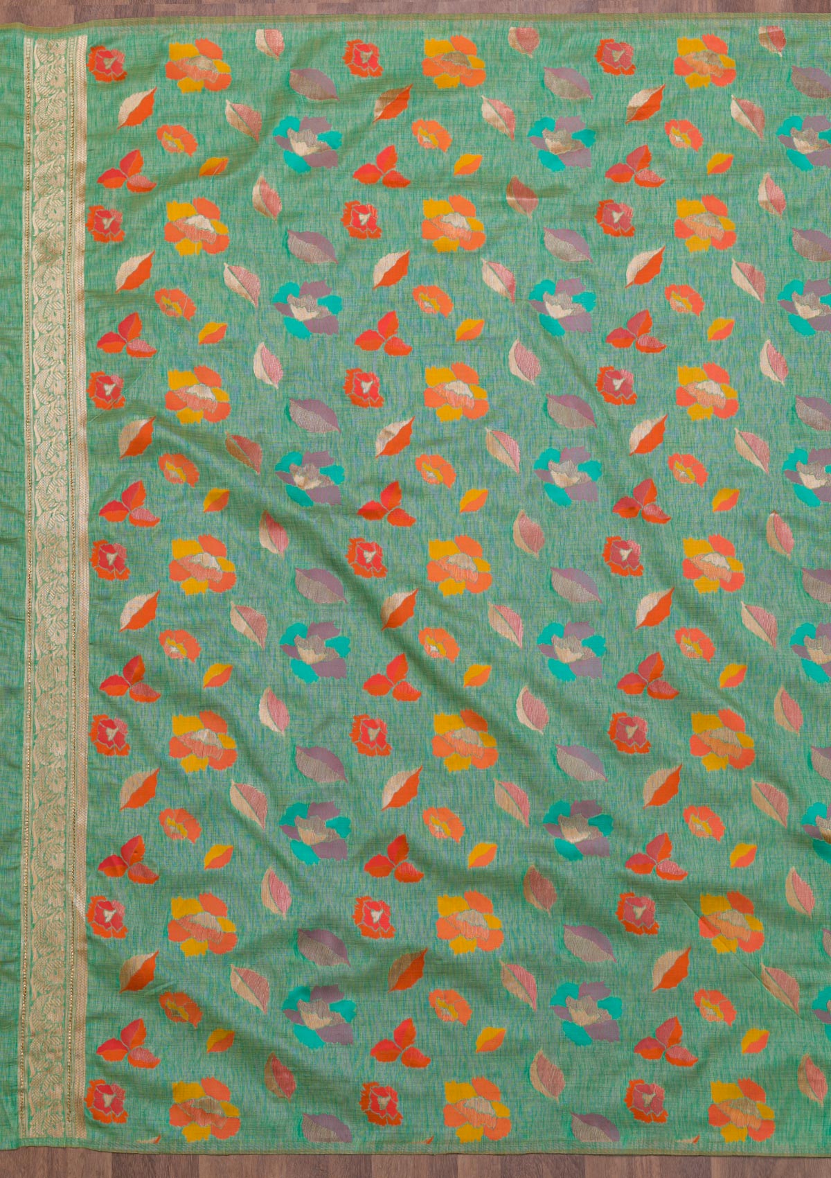 Sea Green Zariwork Raw Silk Saree-Koskii