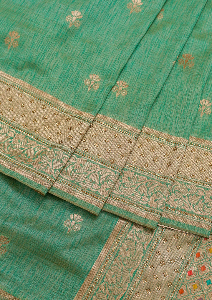 Sea Green Zariwork Raw Silk Saree-Koskii