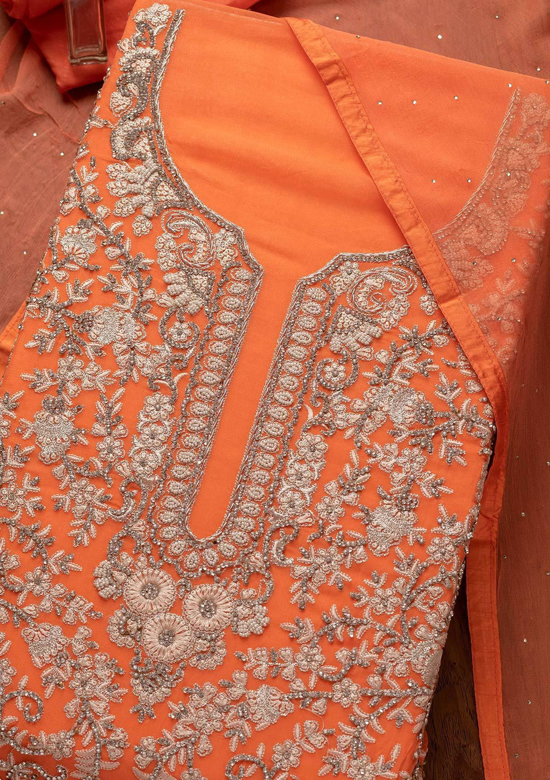 Light Orange Silver Stonework Georgette Designer Unstitched Salwar Suit - koskii