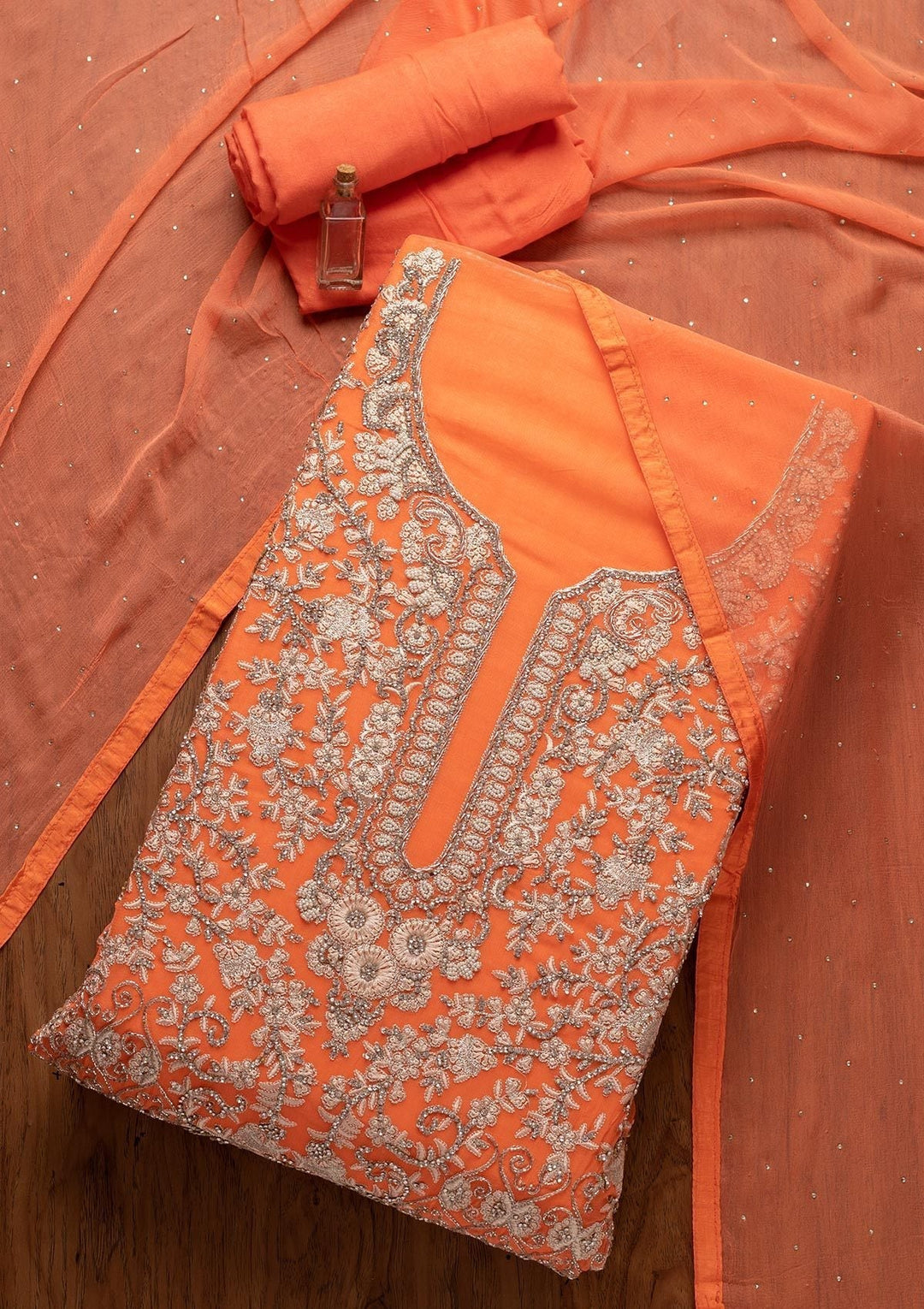 Light Orange Silver Stonework Georgette Designer Unstitched Salwar Suit - koskii