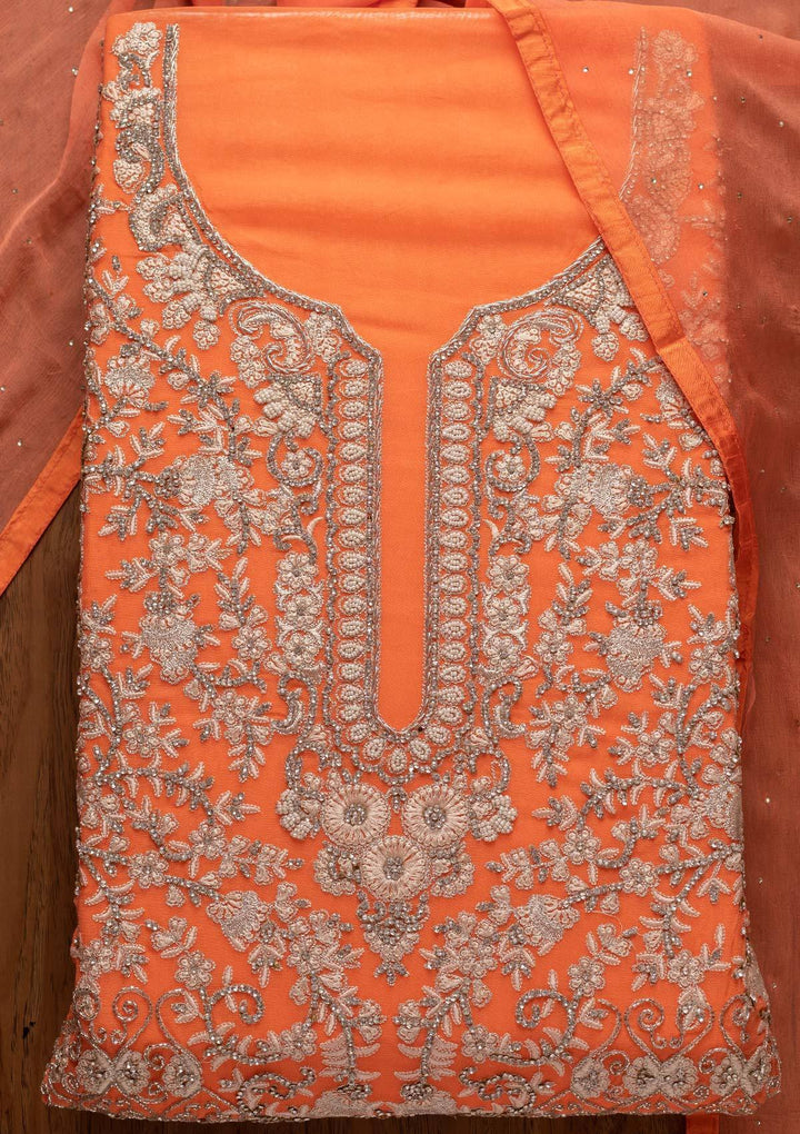 Light Orange Silver Stonework Georgette Designer Unstitched Salwar Suit - koskii